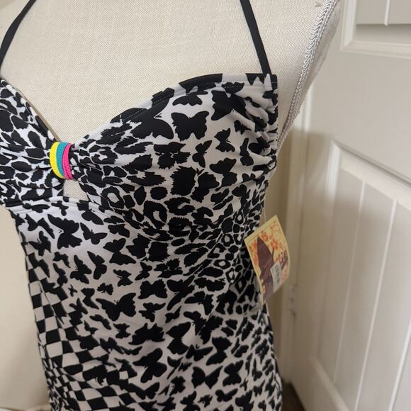 NWT Hobie Tankini Halter Swim Top & bottoms L/XL black white animal print NEW - Picture 3 of 8
